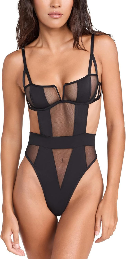 Bluebella Orla Wired Thong Bodysuit for Women | Sheer Mesh Lingerie with Adjustable Straps