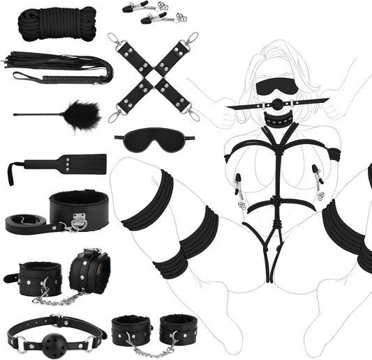 HeartCaptor 11-Piece Beginner Bondage Kit for Couples | Adjustable Faux Leather Restraints and Sensory Play Accessories for Intimate Exploration