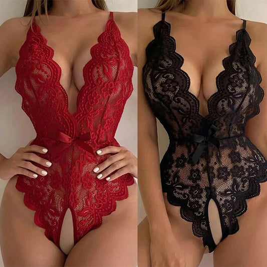HeartCaptor Women Lace Bodysuit Teddy Transparent Lingerie Set Cotton Blend