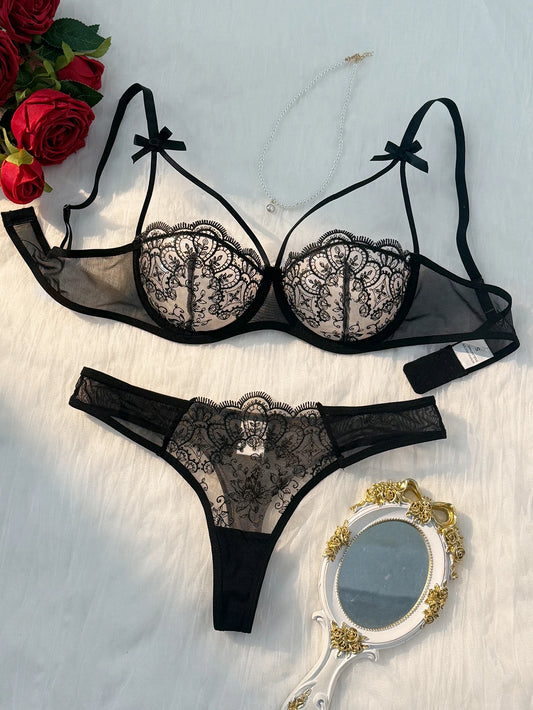 HeartCaptor Women Black Lace Sheer Lingerie Set 2-Piece Bra and Brief Lightweight Bow