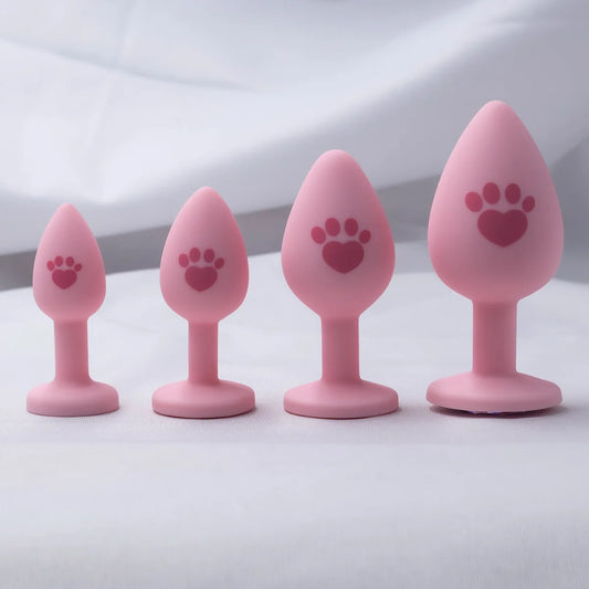 HeartCaptor Silicone Anal Plug Set 4 Sizes Cat Paw Crystal Base Pink