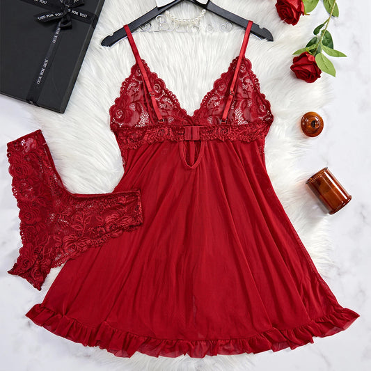 HeartCaptor Lace V-Neck Nightgown Women Sleeveless Mini Sleepwear Solid Soft