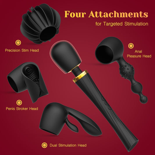 HeartCaptor Wand Vibrator Massager Kit for Couples | Rechargeable Intimate Wellness Device with 4 Silicone Attachments