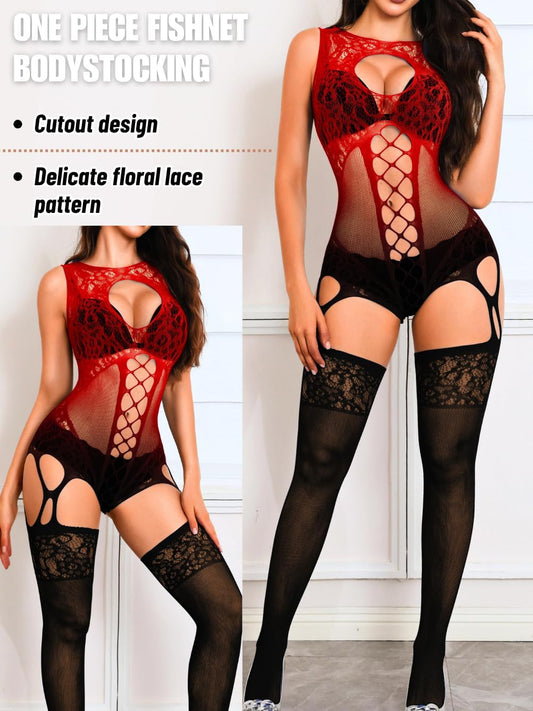 HeartCaptor Women's Floral Fishnet Body Stocking for Nightwear and Rave Party