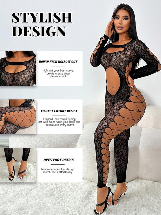 HeartCaptor Women's Leopard Print Bodysuit | Stretch Fishnet One Piece for Parties & Lingerie | Soft Nylon See-Through Outfit