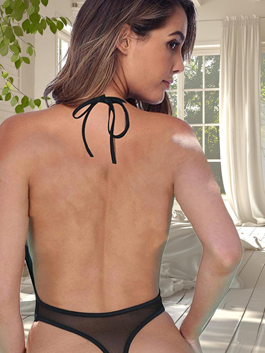 HeartCaptor Elegant Lingerie Sheer Mesh Teddy Bodysuit for Her | Comfortable Halter Backless Design for Intimate Evenings