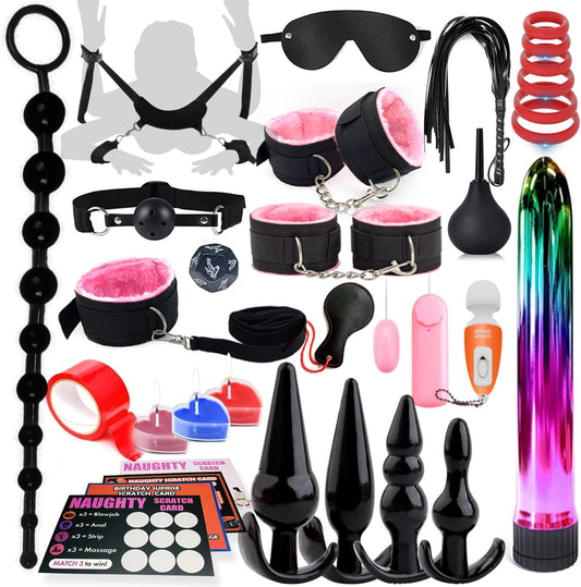 HeartCaptor 33-Piece BDSM Bondage Set for Couples | Adjustable Restraints with Anal Toys and Sensory Accessories
