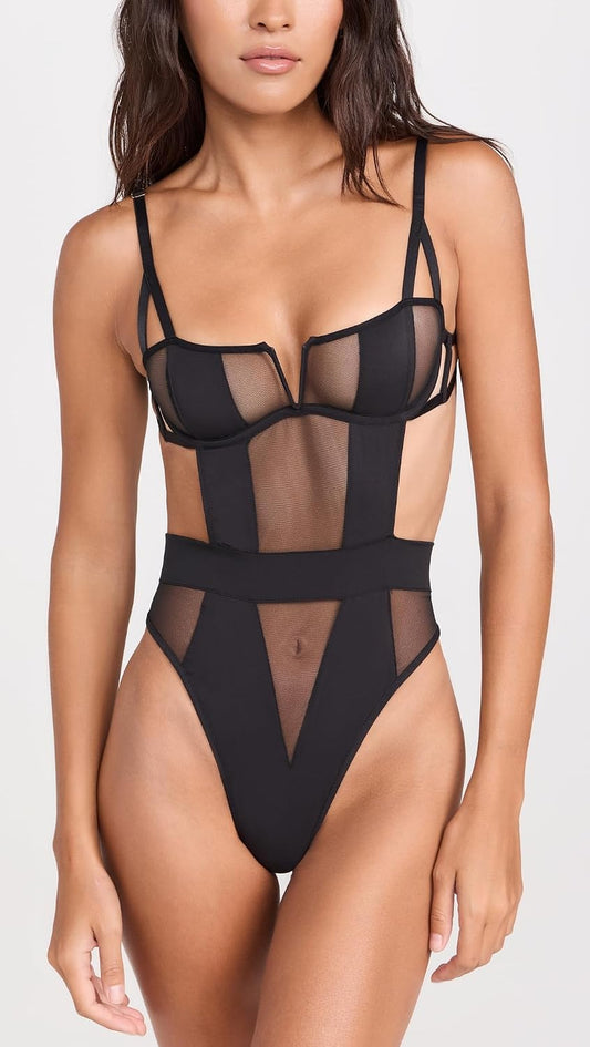 HeartCaptor Bluebella Orla Wired Thong Bodysuit for Women | Sheer Mesh Lingerie with Adjustable Straps