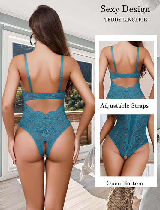 HeartCaptor Lace Teddy Bodysuit Lingerie for Women | Floral V-Neck Intimate Wear with Adjustable Straps