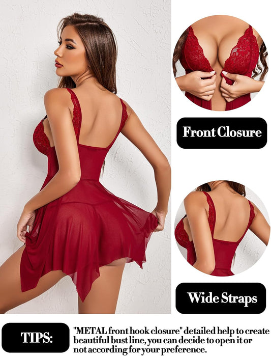 HeartCaptor Lace Babydoll Lingerie for Her | Elegant V-Neck Chemise with Front Closure Hook and Flattering Mesh Design