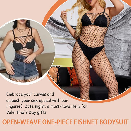 HeartCaptor Fishnet Bodysuit for Her | Sparkle Rhinestone Mesh Teddy Lingerie with Stretchy Fit