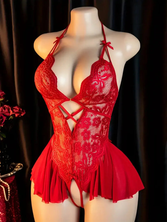 HeartCaptor Women Red V-neck Transparent Teddy Bodysuit Lace Lingerie Nightwear