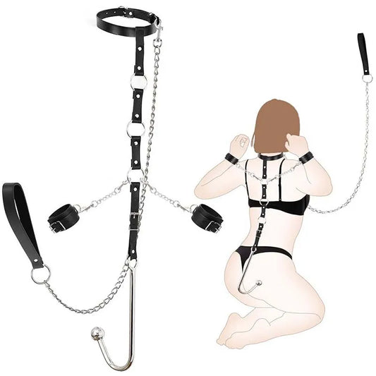HeartCaptor Couple Bondage Kit Leather Anal Hook Handcuffs Neck Restraint BDSM Set