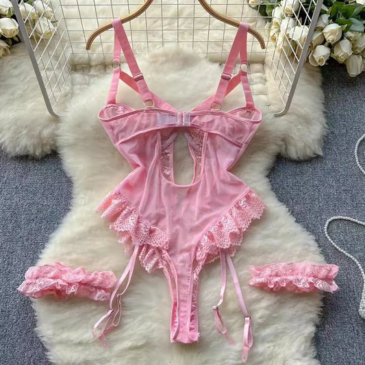 HeartCaptor Women's Lace Garter Lingerie Set Underwire Bra Panty Thong