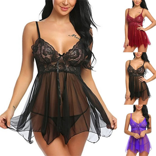 HeartCaptor Lace Night Dress Set Women Sleepwear Pajamas G-string Floral Underwear