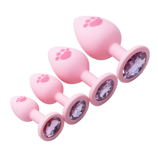 HeartCaptor Silicone Anal Plug Set 4 Sizes Cat Paw Crystal Base Pink