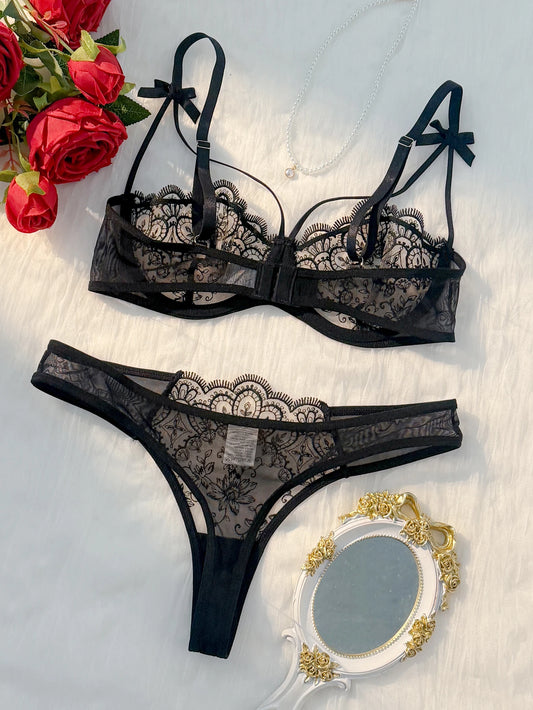 HeartCaptor Women Black Lace Sheer Lingerie Set 2-Piece Bra and Brief Lightweight Bow