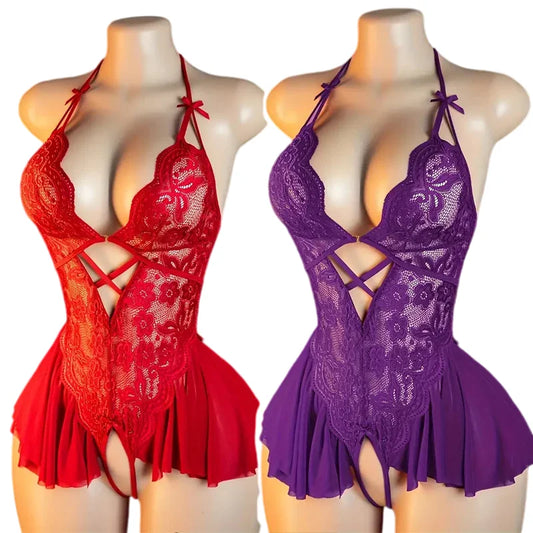 HeartCaptor Women Red V-neck Transparent Teddy Bodysuit Lace Lingerie Nightwear