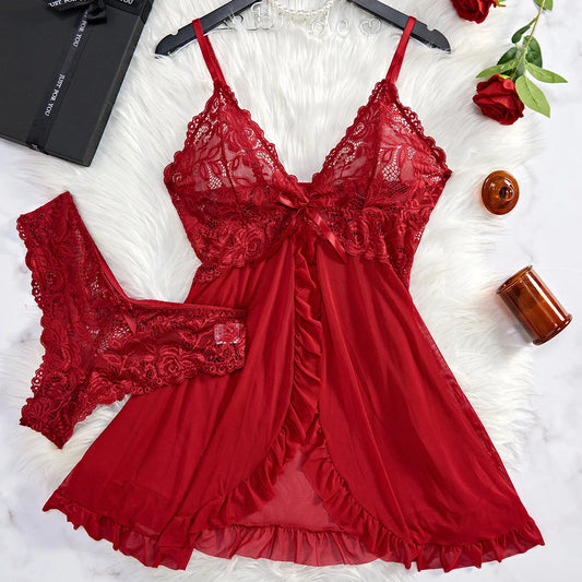 HeartCaptor Lace V-Neck Nightgown Women Sleeveless Mini Sleepwear Solid Soft