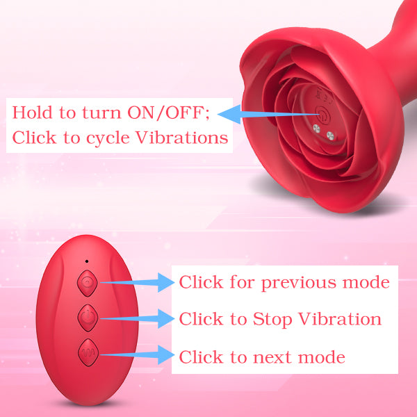Silicone Rose Butt Plug with Remote Control Vibrator - HeartCaptor